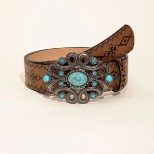 Boho 1pc Women Geometric Pattern Rhinestone Decor Western Cowgirl Casual Belt